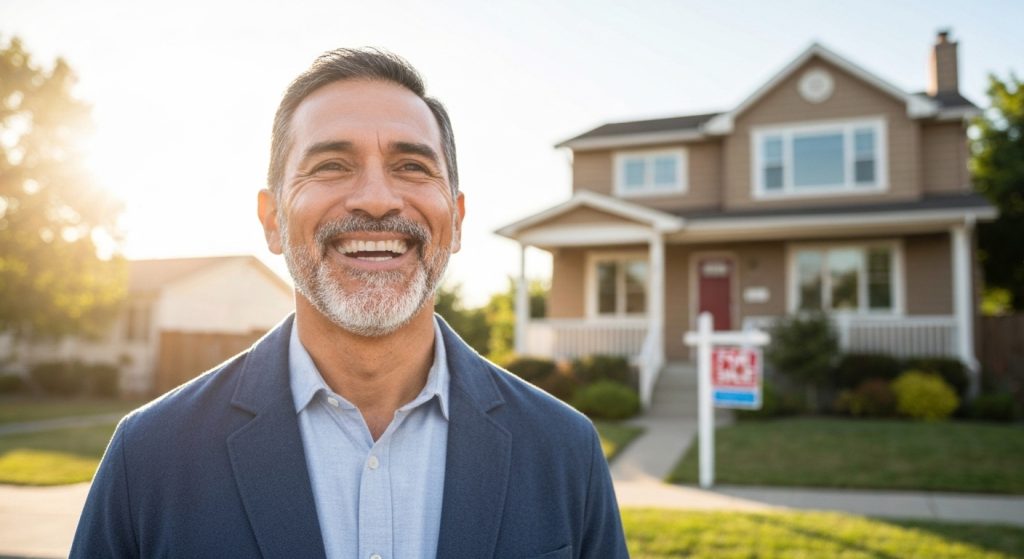 Pessoa feliz em frente a uma casa que pode ser financiada.