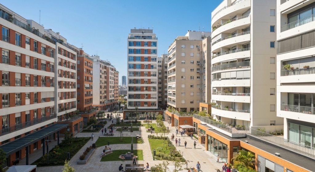 Paisagem urbana mostrando a tendência de apartamentos menores nas cidades.