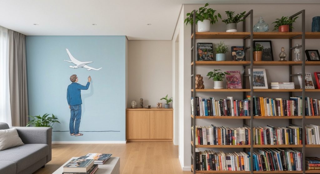 Pessoa adaptando um imóvel alugado, pintando uma parede e decorando o ambiente.