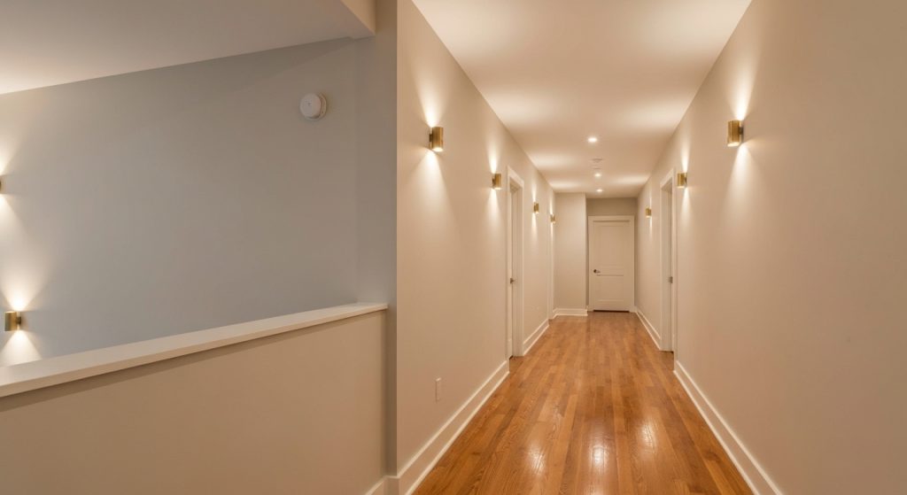 Corredor de imóvel recém-reformado com pintura clara e piso brilhante.