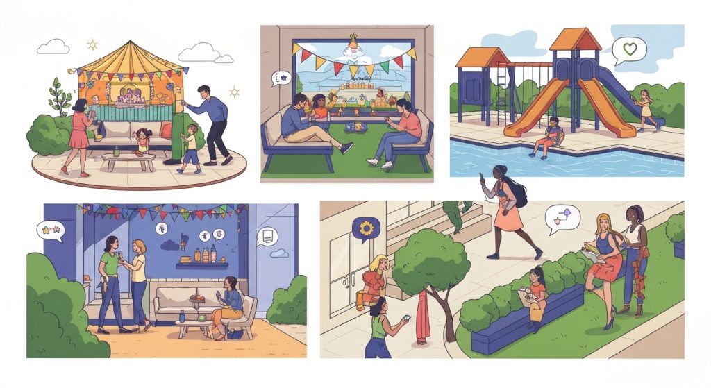 Pessoas convivendo harmoniosamente em condomínio, seguindo regras