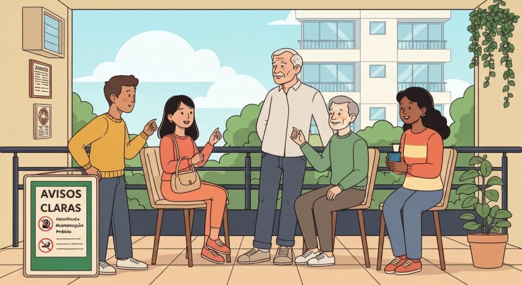 Vizinhos conversando pacificamente em área comum de condomínio