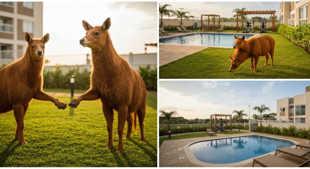 Vizinhos interagindo pacificamente em áreas comuns de condomínio moderno.
