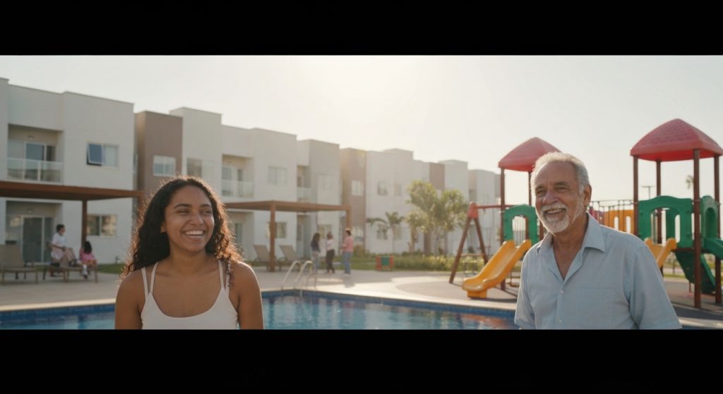 Vizinhos interagindo pacificamente em áreas comuns de condomínio.