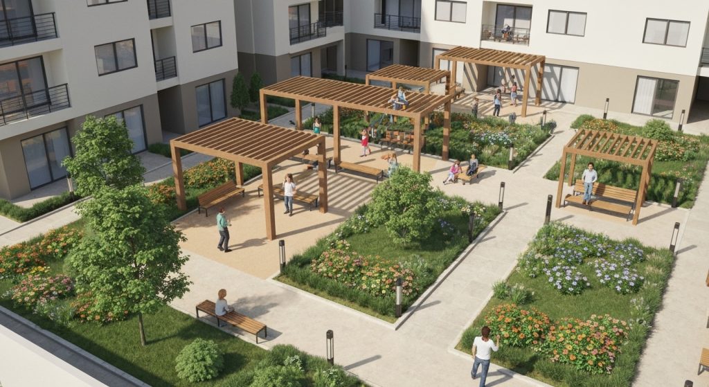 Ilustração de um condomínio harmonioso com moradores interagindo pacificamente.