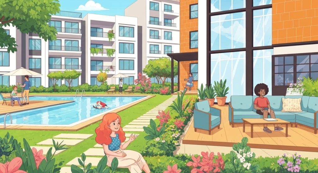 Ilustração de condomínio harmonioso com moradores interagindo pacificamente.