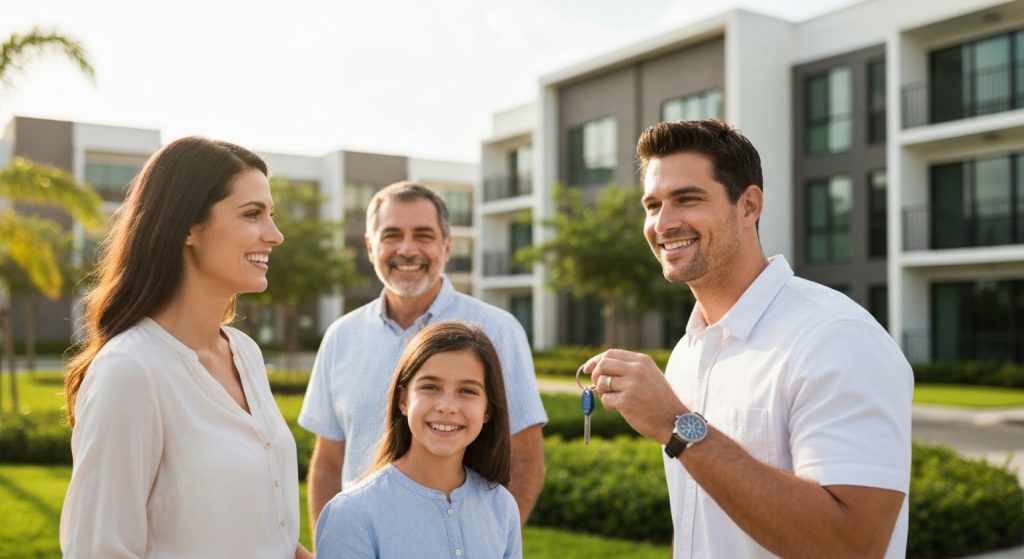Família feliz se mudando para um condomínio seguro e organizado