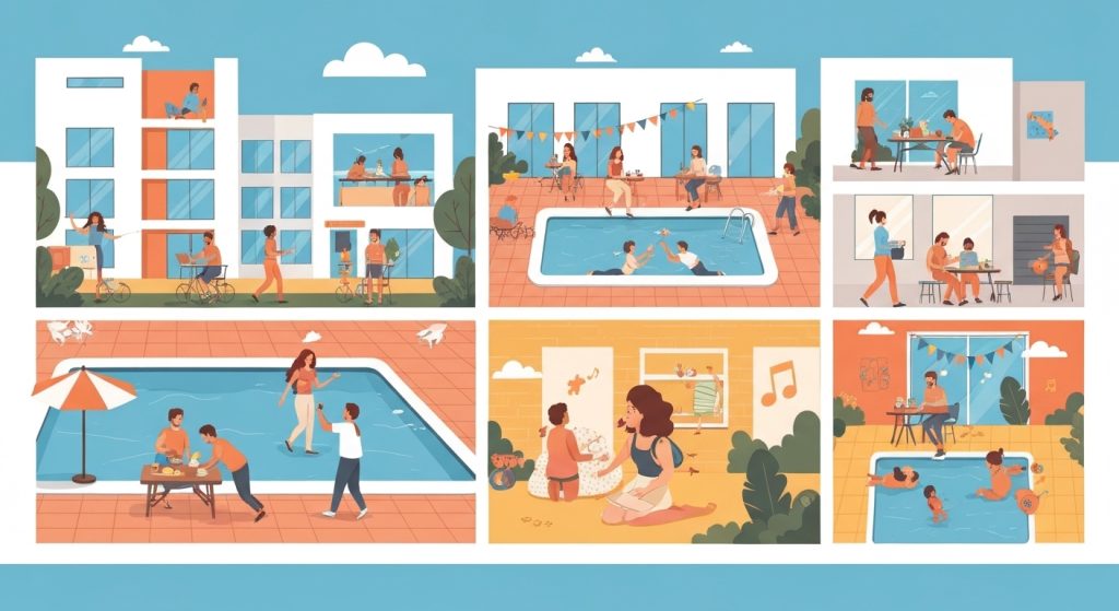 Moradores convivendo em harmonia em áreas comuns de um condomínio, seguindo regras.