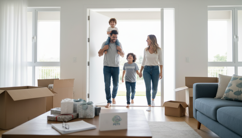 Família feliz entrando na casa própria com ajuda do FGTS