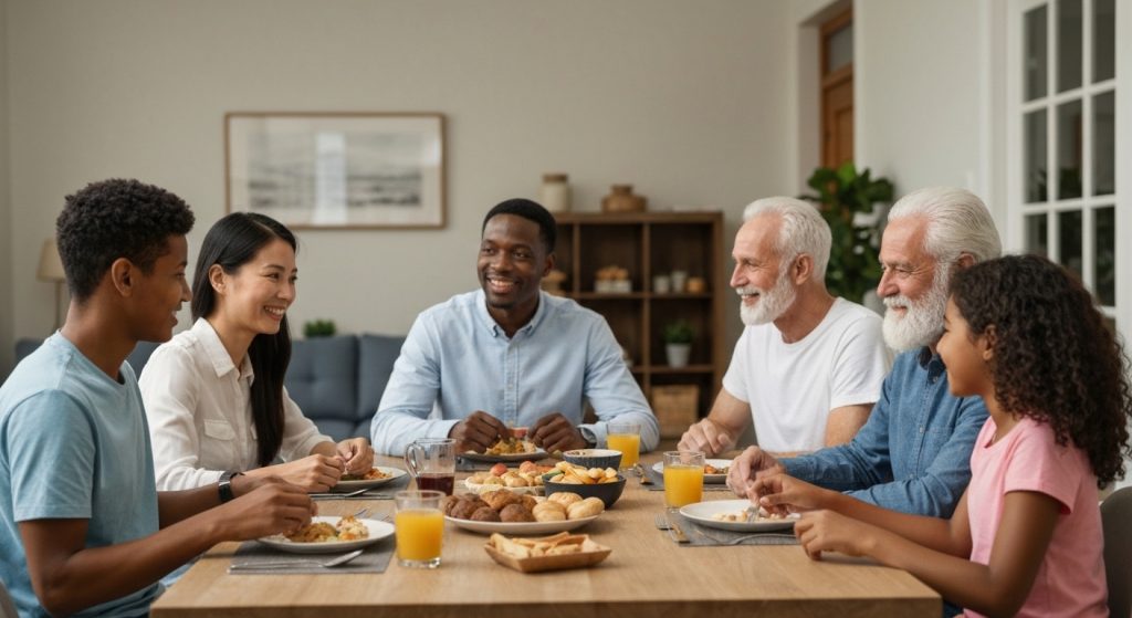 Família planejando finanças e analisando documentos para aprovação de crédito.