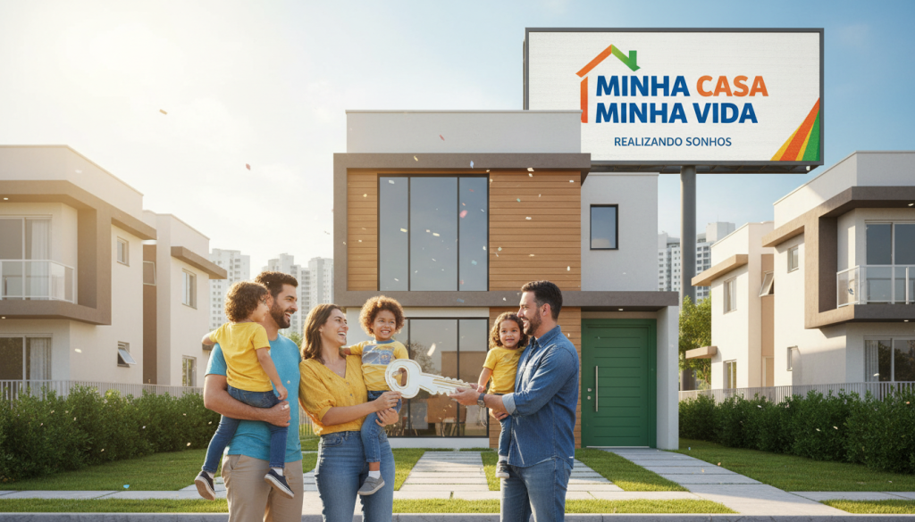 Família feliz recebendo chaves de casa nova pelo Minha Casa Minha Vida