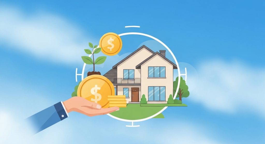 Ilustração representando segurança financeira para compra de imóvel com escudo e planta.