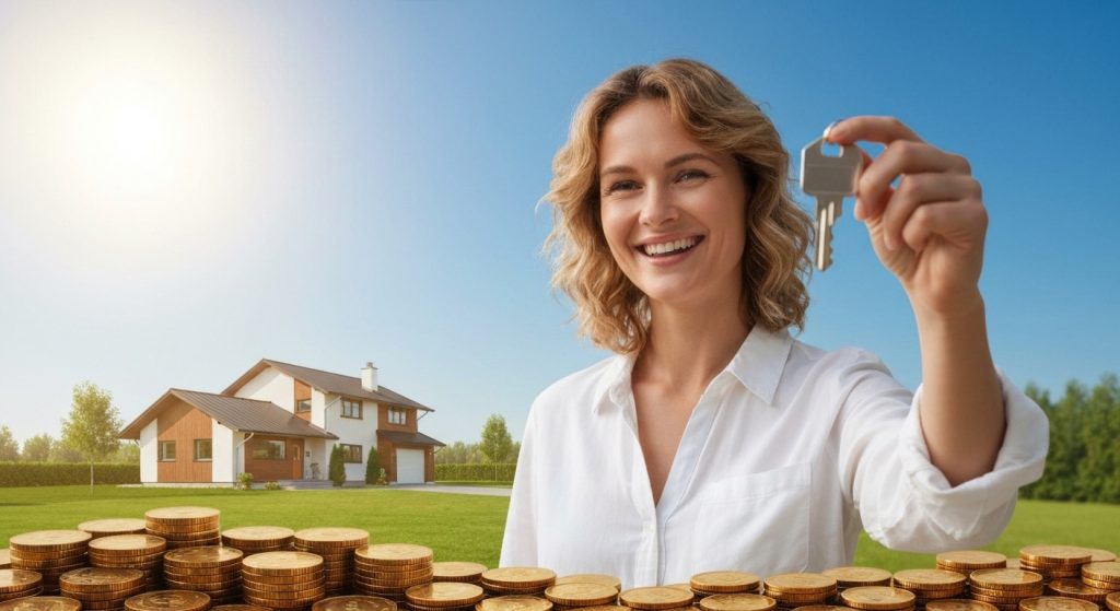 Pessoa feliz com chave de imóvel e reserva financeira
