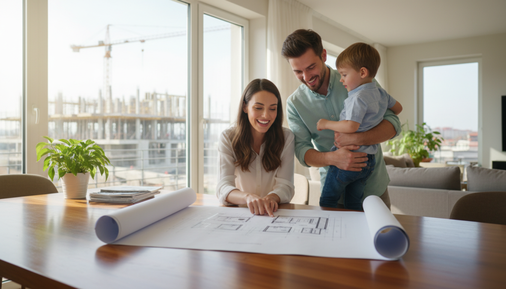Família analisando projeto de imóvel na planta com obra em andamento ao fundo