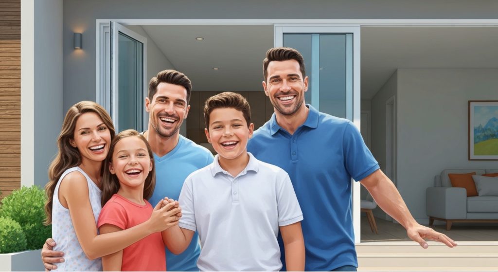 Família feliz em frente à casa própria recém-adquirida