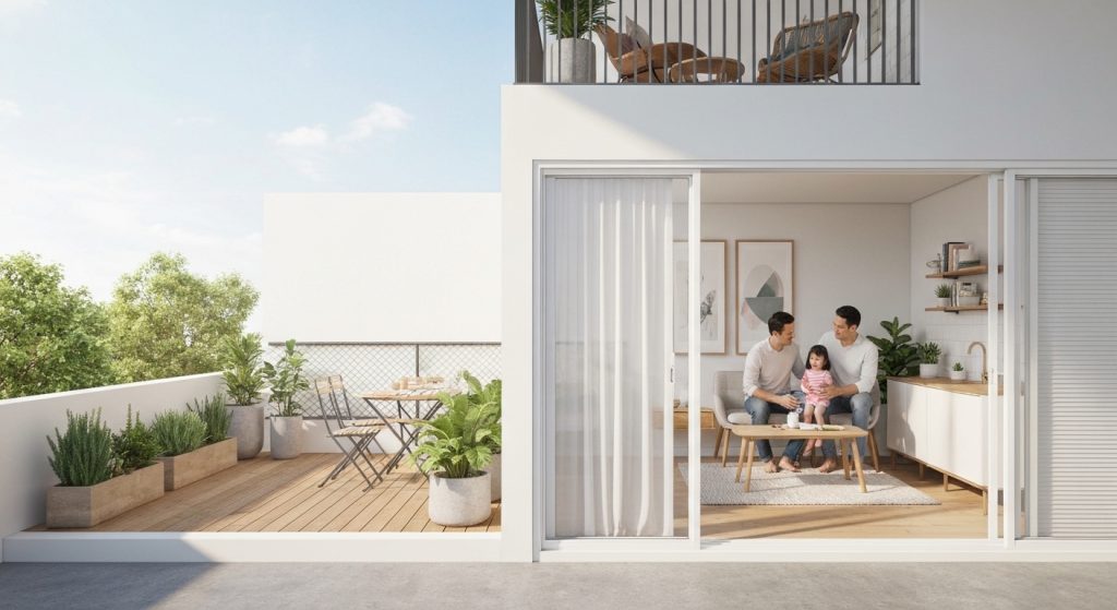 Família em apartamento seguro com foco em escadas e varandas protegidas para crianças.