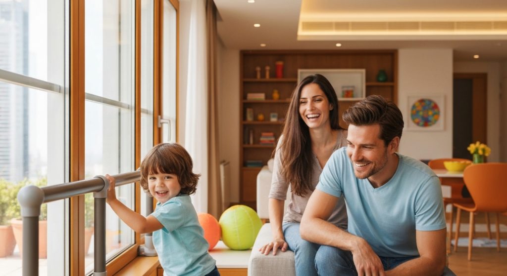Família segura brincando em apartamento com proteção para crianças
