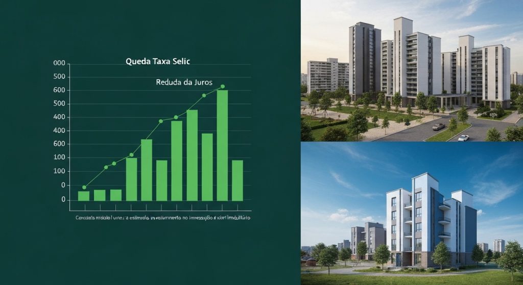 Gráfico de queda da Selic impactando o mercado imobiliário e financiamentos