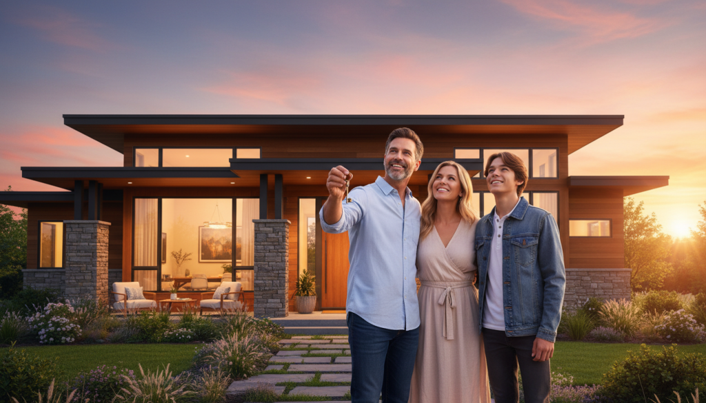Família feliz com chave na mão em frente ao seu novo imóvel.