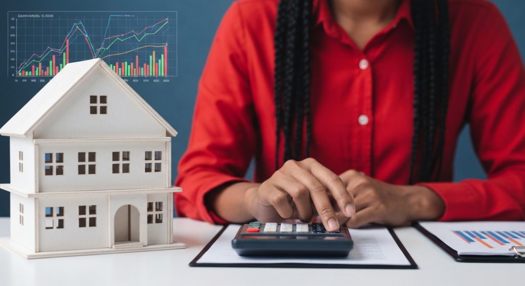 Simulação de reserva financeira para compra de imóvel com calculadora e casa.