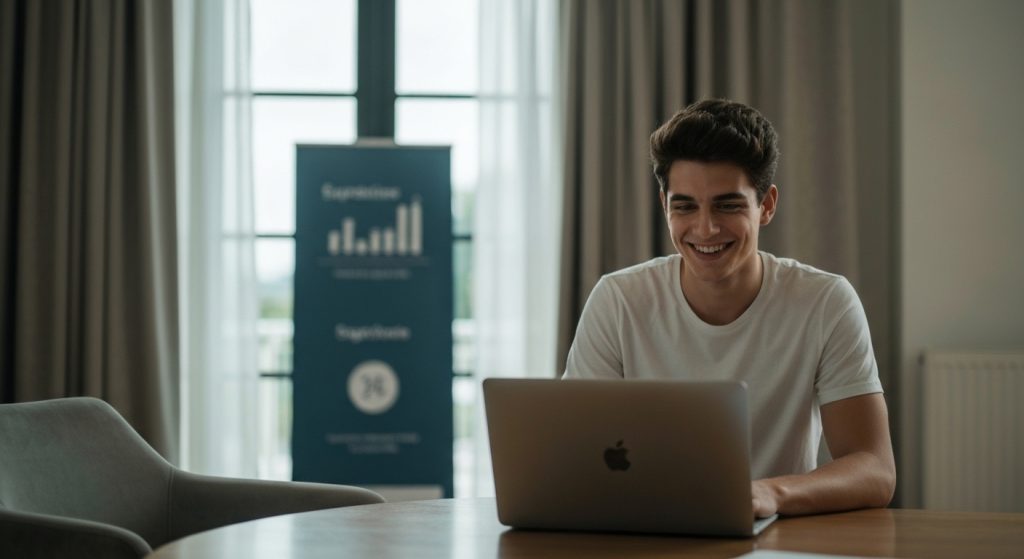 Homem simulando financiamento online no laptop