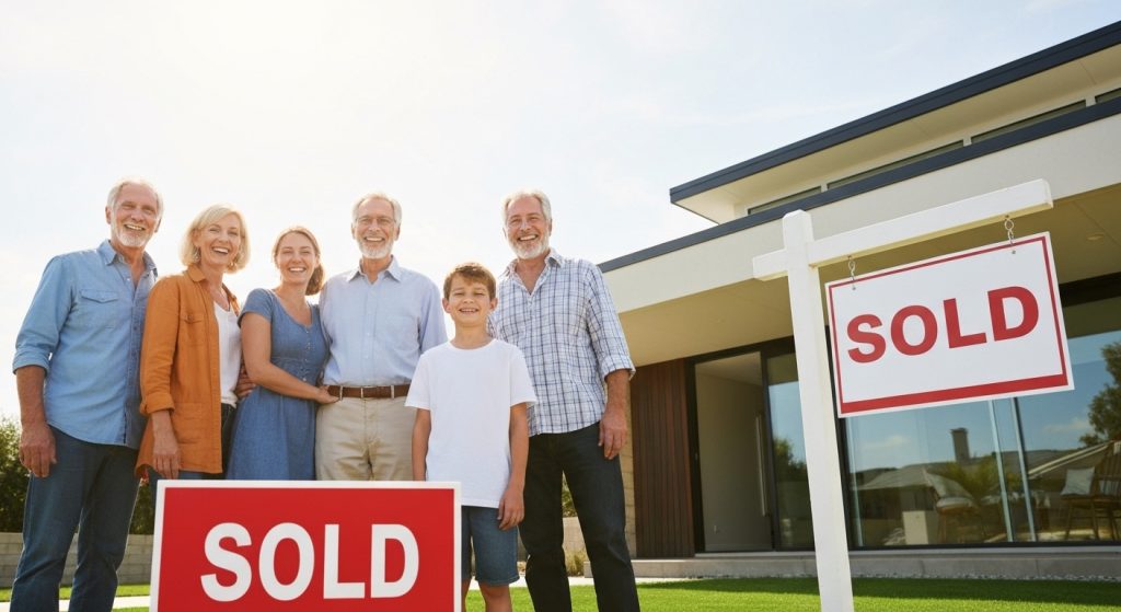 Família celebrando a compra da casa própria após sair do aluguel.