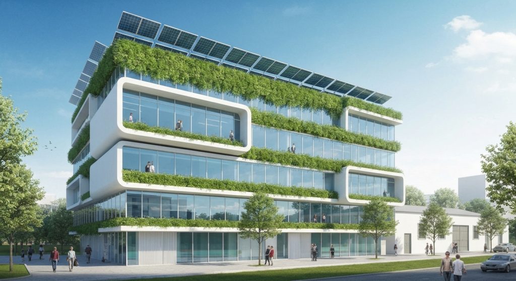 Edifício moderno com painéis solares e telhado verde, representando imóveis sustentáveis