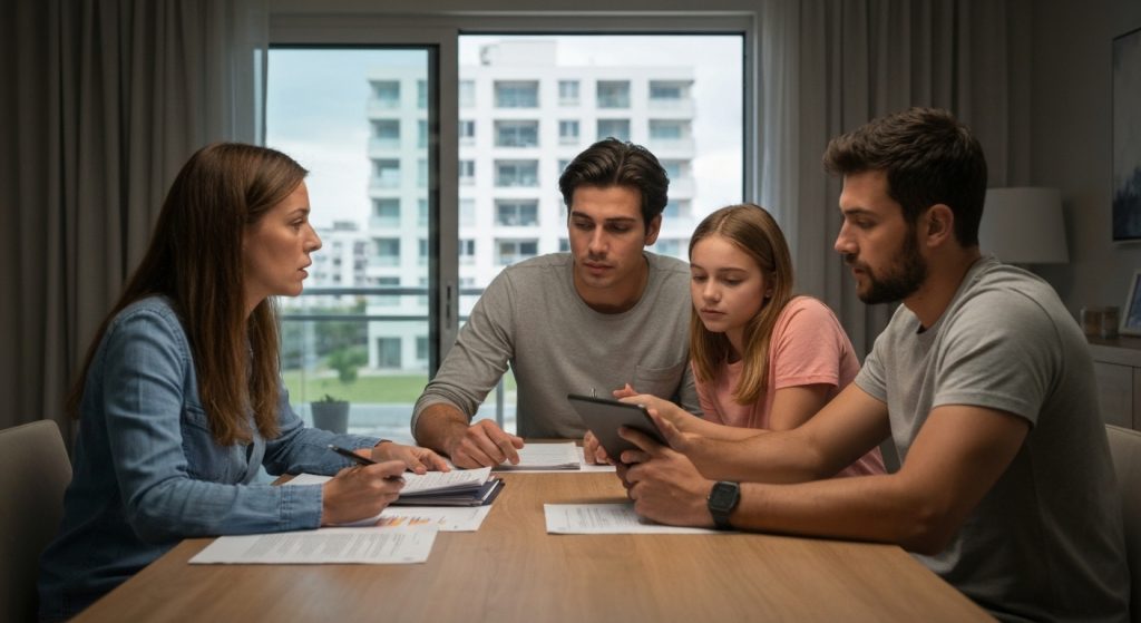 Família analisando custos de condomínio e taxas extras