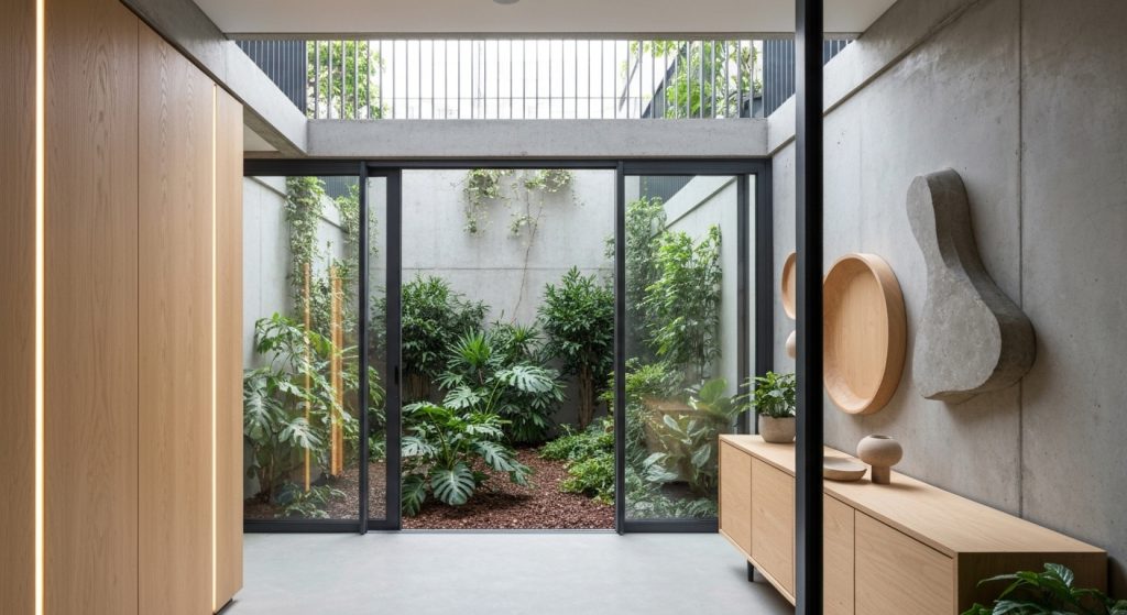 Apartamento moderno com elementos naturais e texturas rústicas