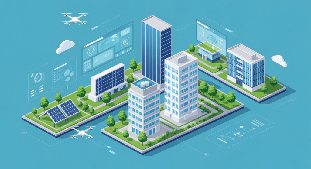 Representação conceitual do mercado imobiliário do futuro com elementos de urbanização, tecnologia e sustentabilidade.