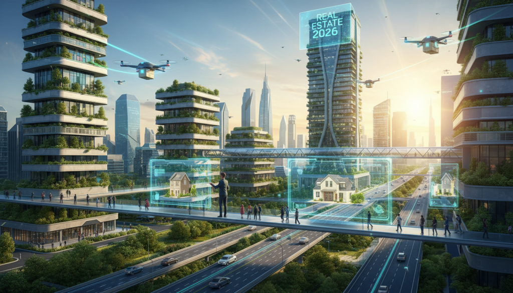 Visualização futurista do mercado imobiliário em 2026 com tecnologia e sustentabilidade
