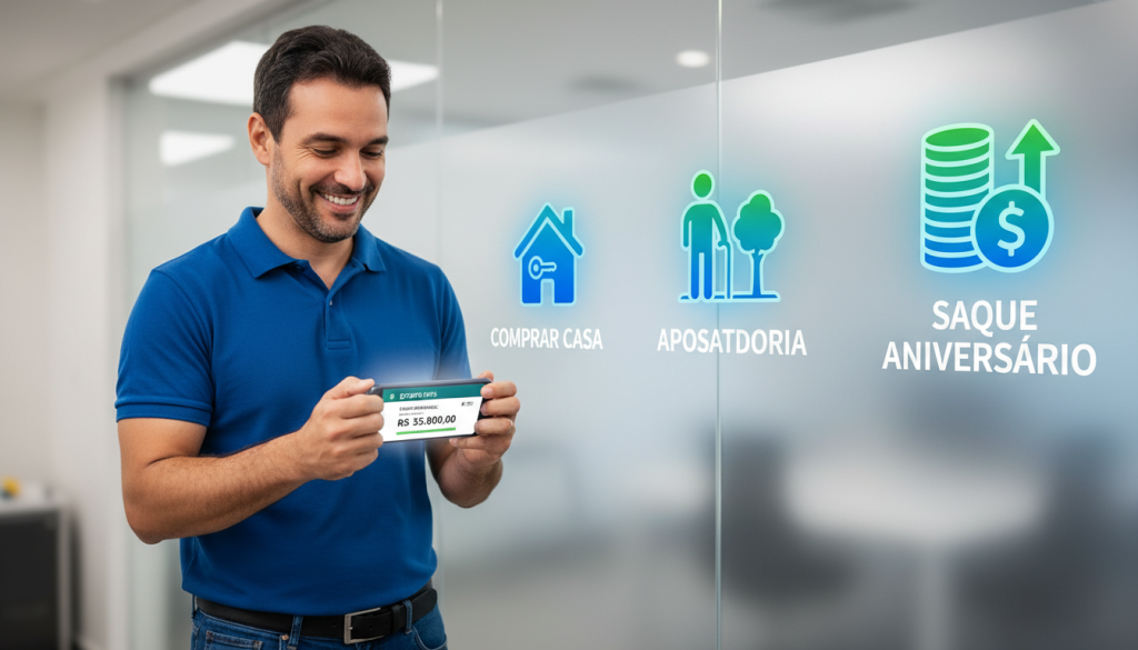 Trabalhador acessando opções de saque do FGTS pelo celular.