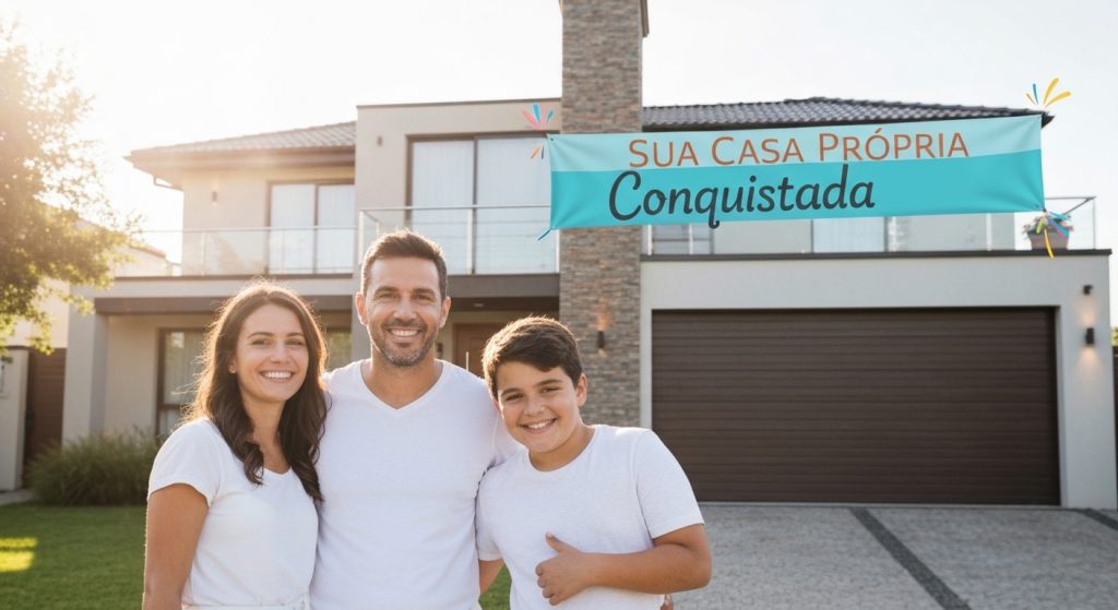Família feliz em frente à sua nova casa comprada com FGTS