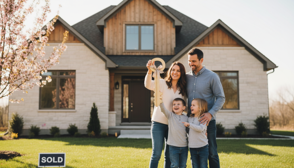 Família feliz na frente da casa nova comprada com FGTS