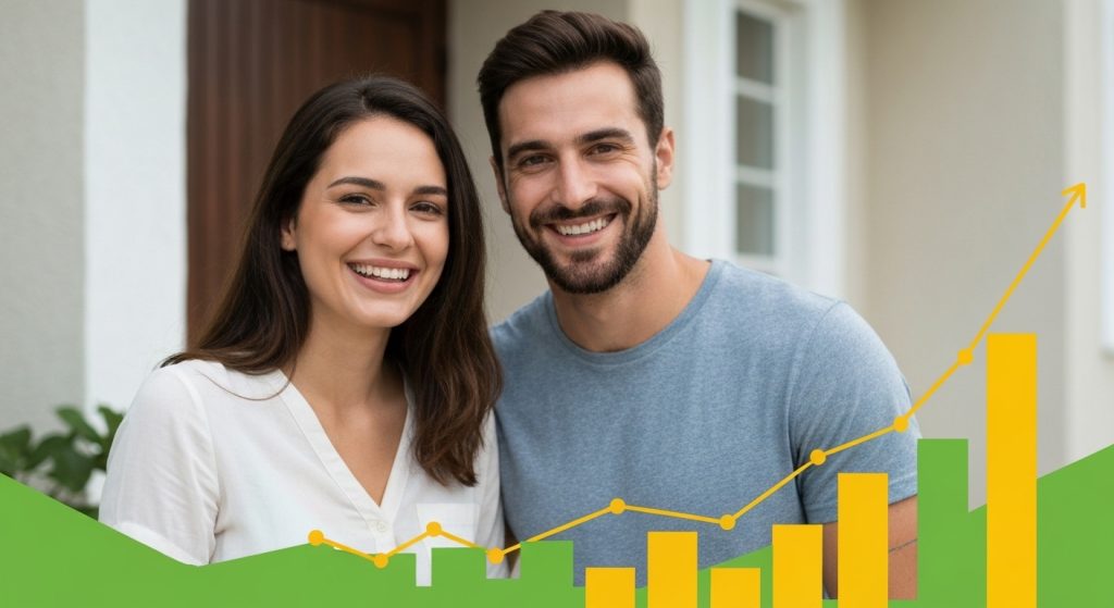 Casal feliz em frente à casa própria com a chave na mão.