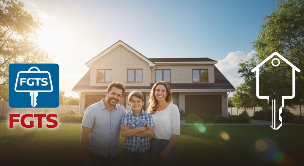Família feliz em frente à casa própria financiada com FGTS