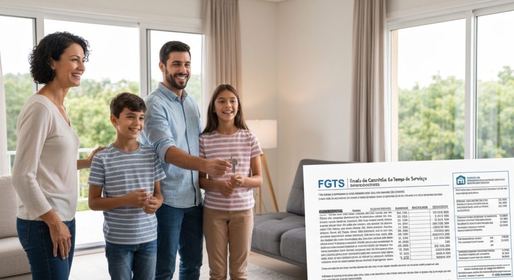 Família feliz com chaves da casa própria e extrato do FGTS