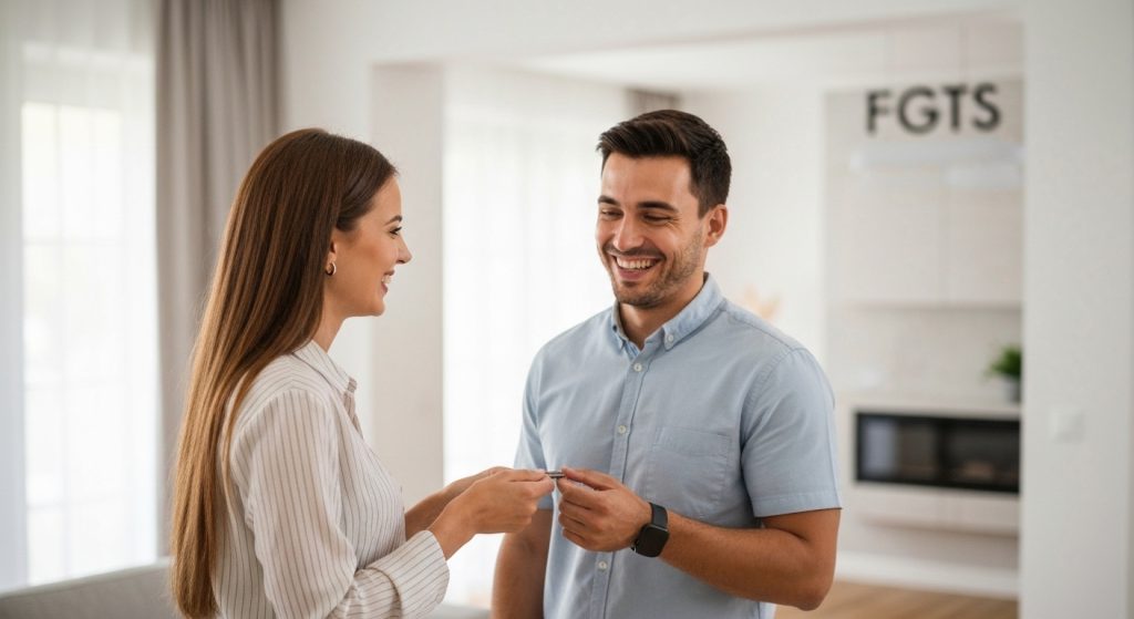 Casal feliz com chaves de casa nova financiada com FGTS