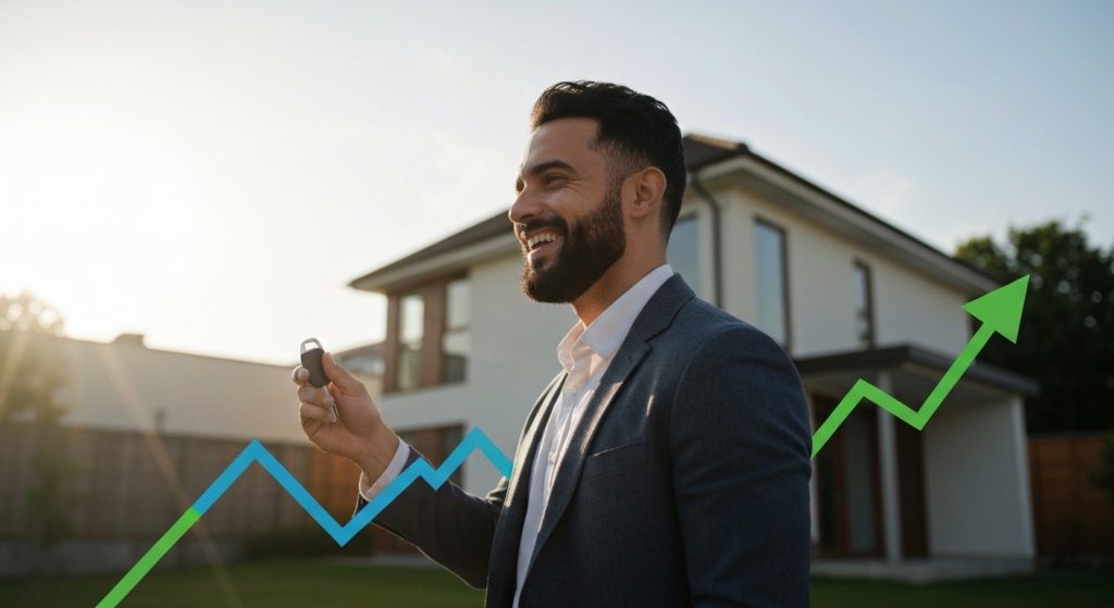 Homem com chave dourada em frente à casa, simbolizando quitação de financiamento imobiliário.