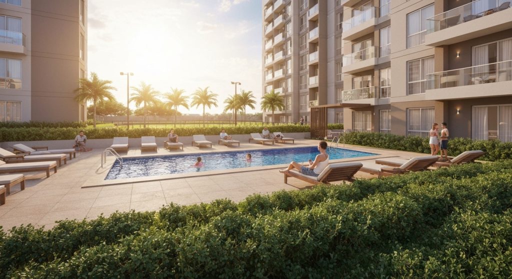 Vista panorâmica de um condomínio clube com piscina, quadra e áreas verdes