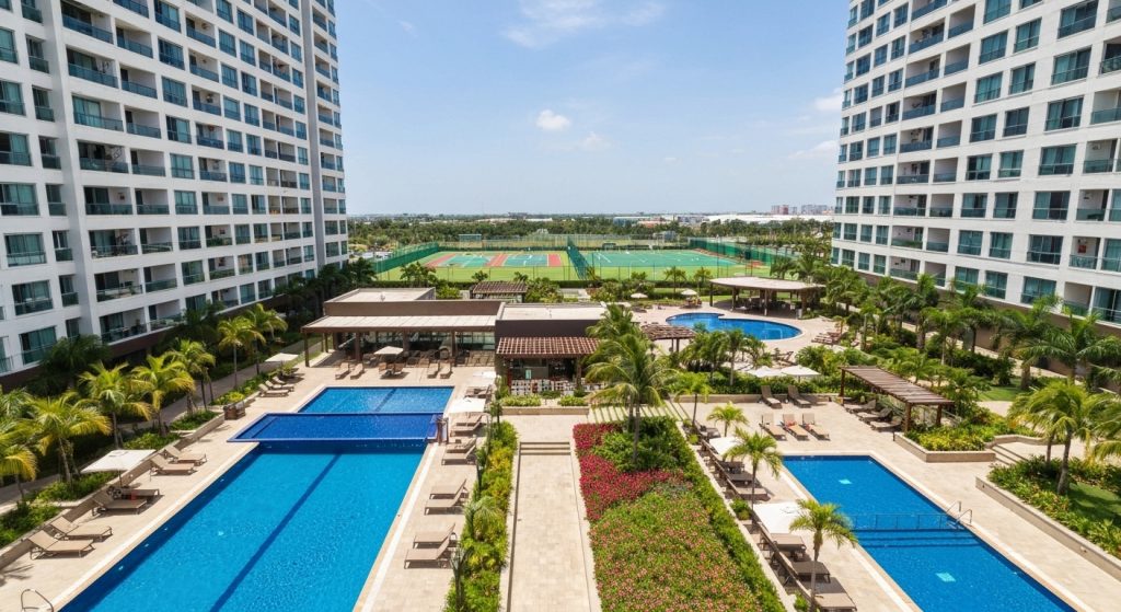 Vista aérea de um condomínio clube com lazer completo e áreas verdes