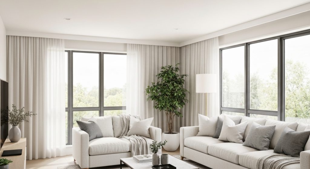 Sala de estar com decoração neutra e minimalista, destacando iluminação e amplitude.