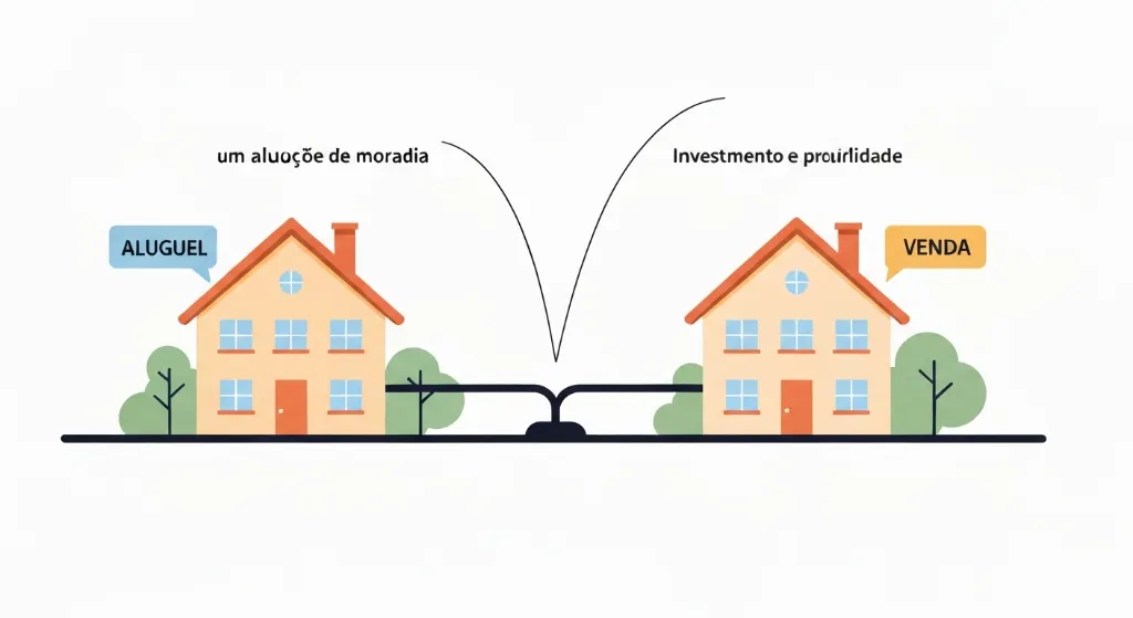 Comparativo visual entre alugar e comprar um imóvel com balança representando a decisão financeira.