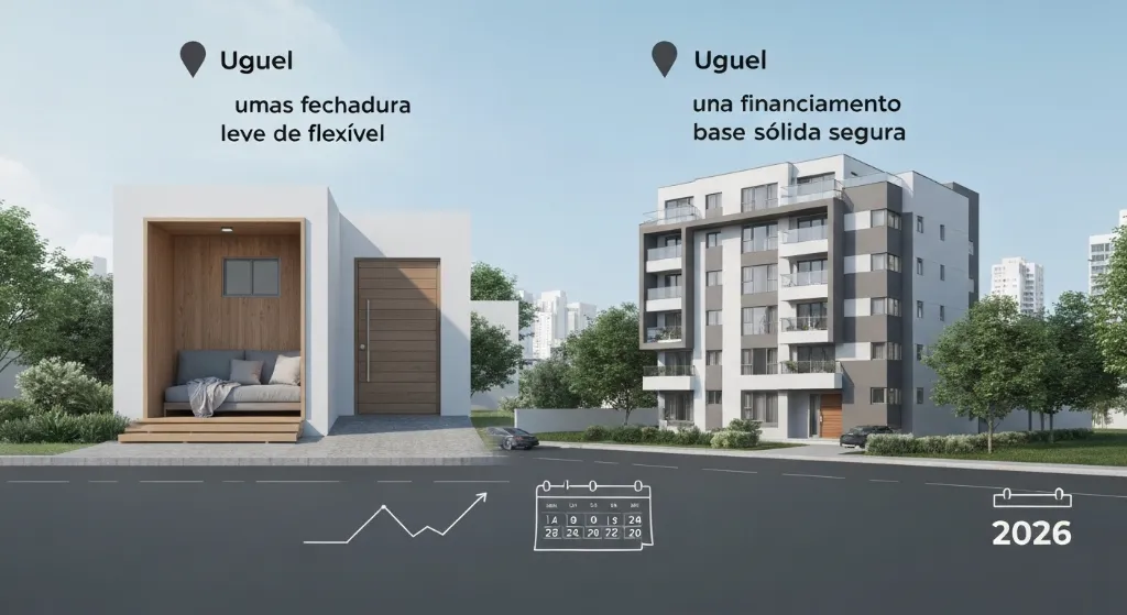Ilustração comparativa entre alugar e financiar um imóvel em 2026.