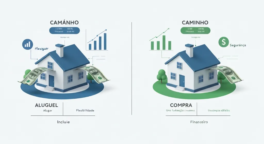 Comparativo visual entre alugar e financiar um imóvel, destacando custos e benefícios.