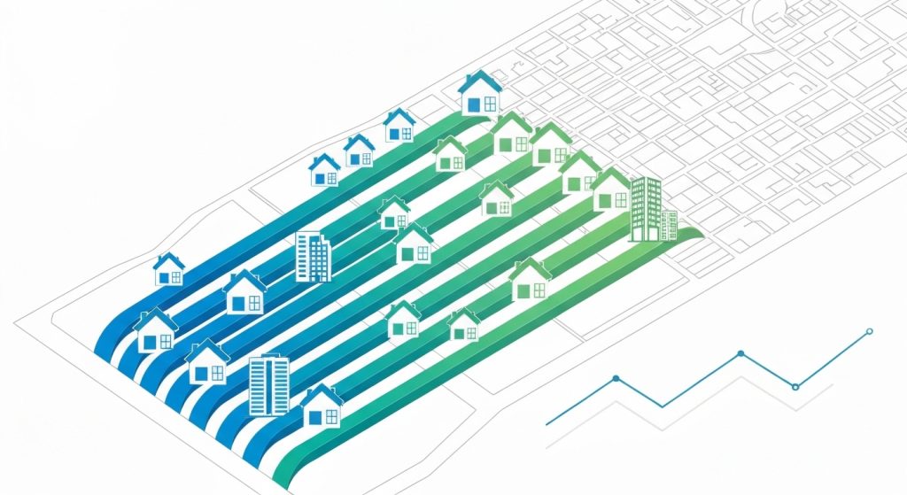 Mapa de cidade com fluxo migratório indicando áreas de valorização imobiliária.