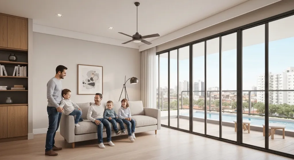 Família desfrutando do espaço e conforto de um apartamento moderno.