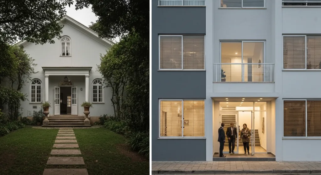 Comparativo visual entre casa e apartamento, destacando a segurança.