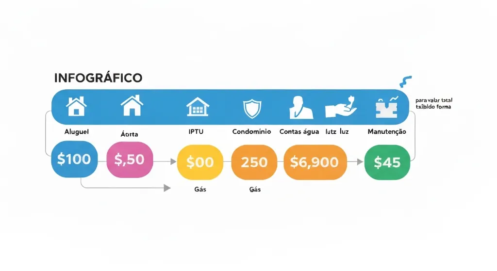 Infográfico ilustrando o cálculo do custo mensal de um imóvel com ícones de despesas.