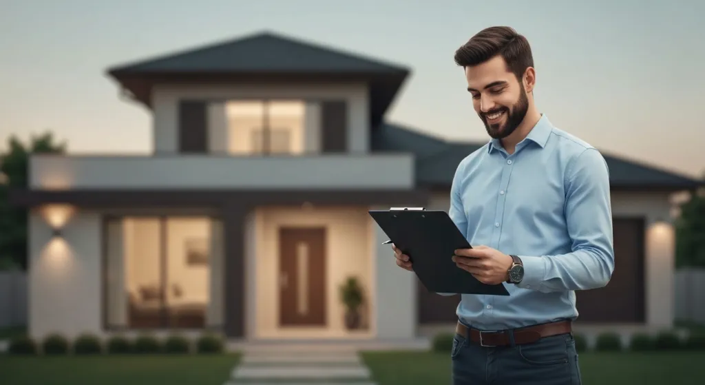 Pessoa revisando checklist para comprar imóvel com casa ao fundo